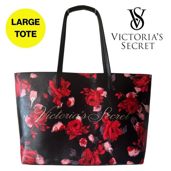 VICTORIA’S SECRET Black & Red Rose Floral Tote - Picture 1 of 11